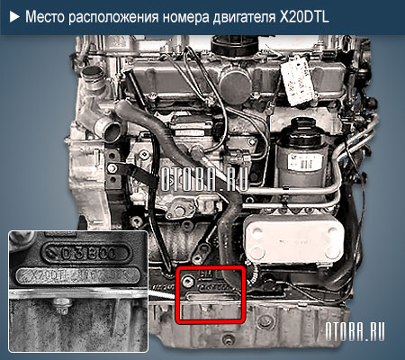 Место расположение номера 2.0-литрового двигателя Opel X20DTL